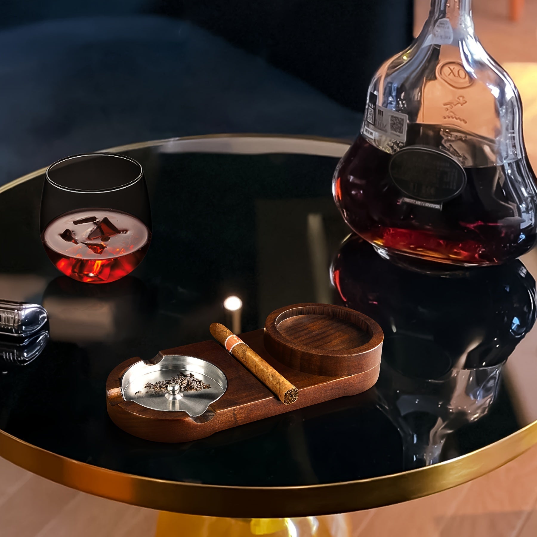 CigarOak Aschenbecher met Whiskeyhouder – Luxe Houten Schaal voor Sigarenliefhebbers