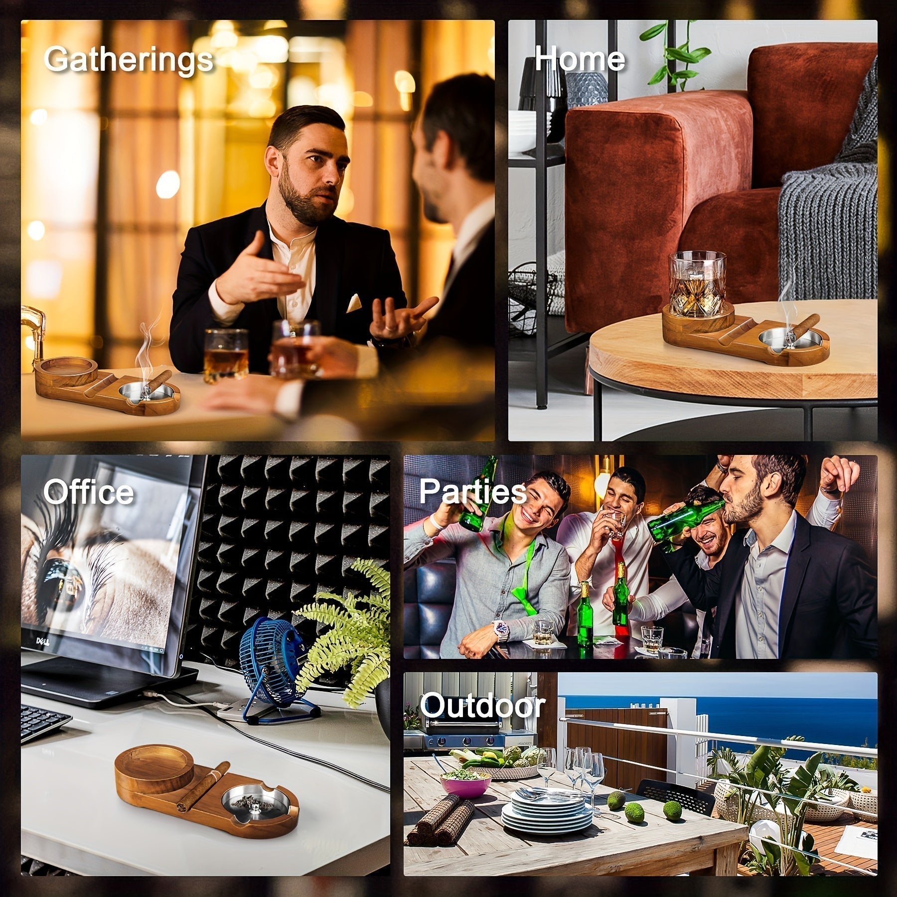 CigarOak Aschenbecher met Whiskeyhouder – Luxe Houten Schaal voor Sigarenliefhebbers