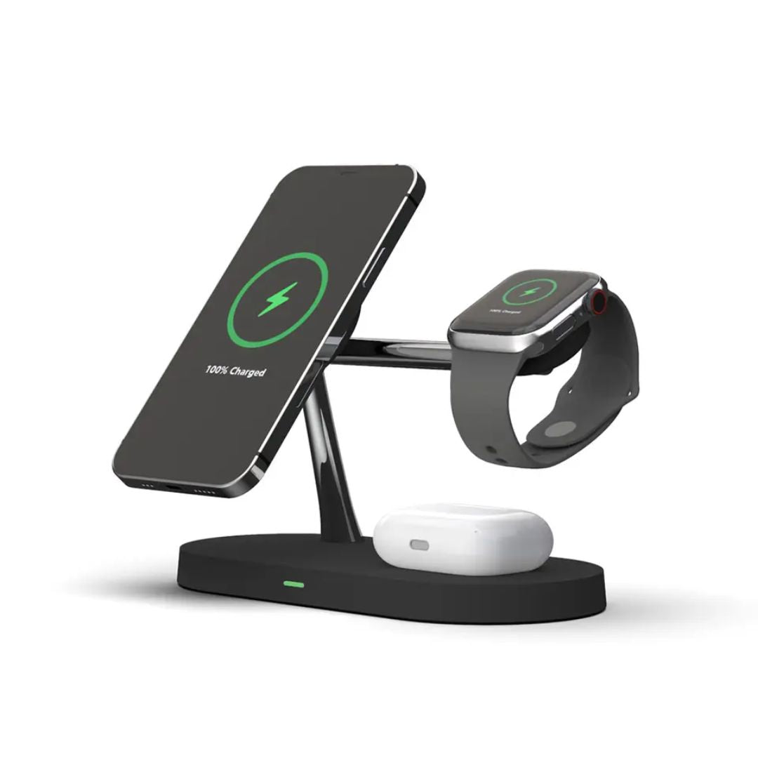 3-in-1 Draadloze Oplader voor Smartphone, Smartwatch en Oordopjes – Snelle Oplaadstation met Modern Ontwerp