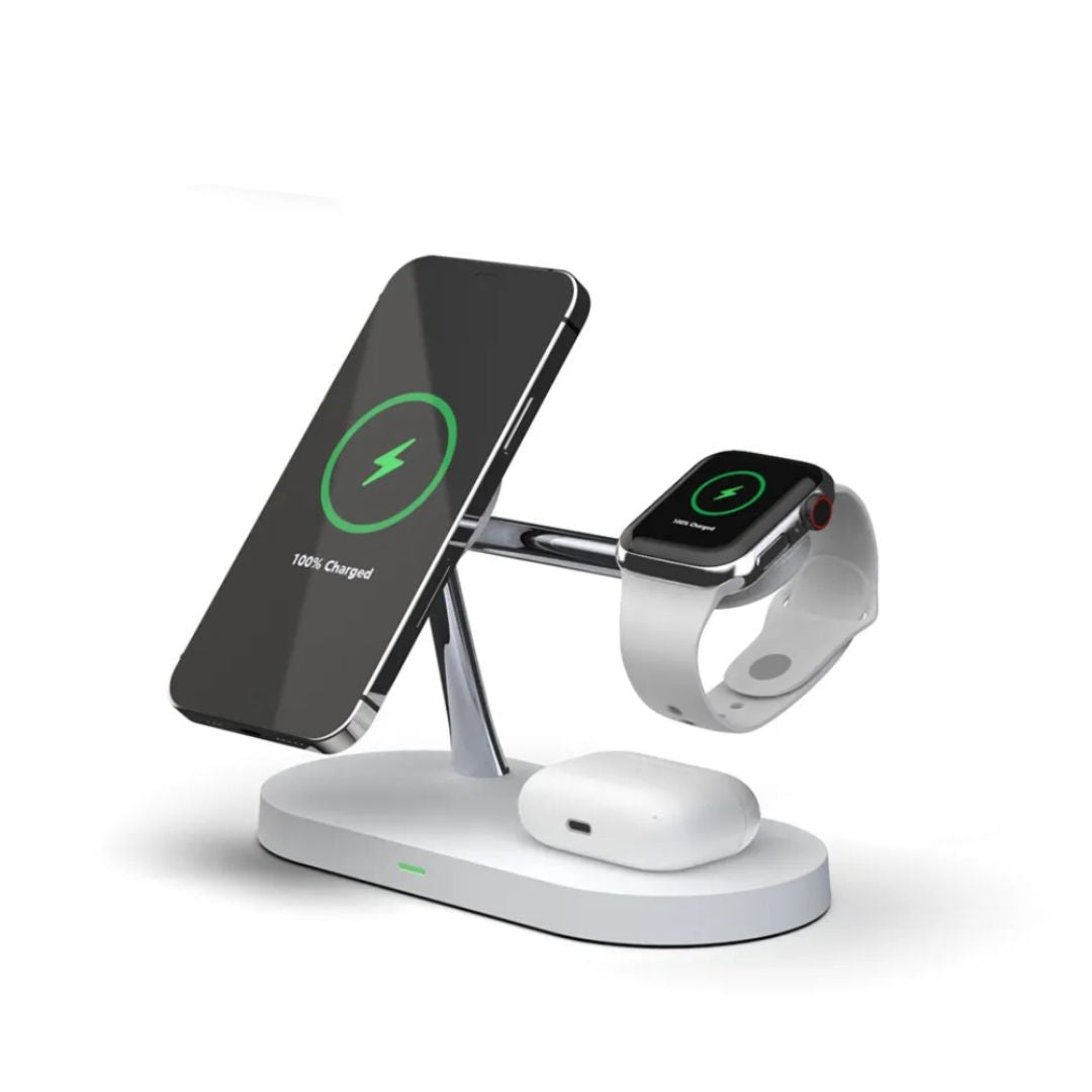 3-in-1 Draadloze Oplader voor Smartphone, Smartwatch en Oordopjes – Snelle Oplaadstation met Modern Ontwerp