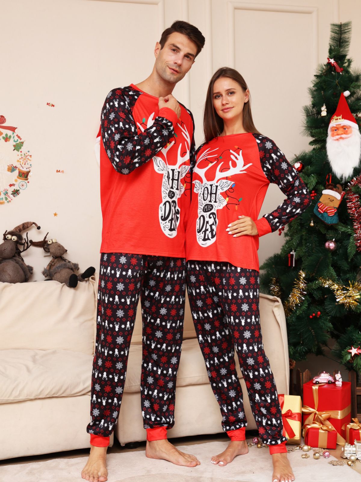 Rode Kerstmis Sneeuw Hert Bijpassende Familie Kerst Pyjama's (Hond Pyjama Inbegrepen)