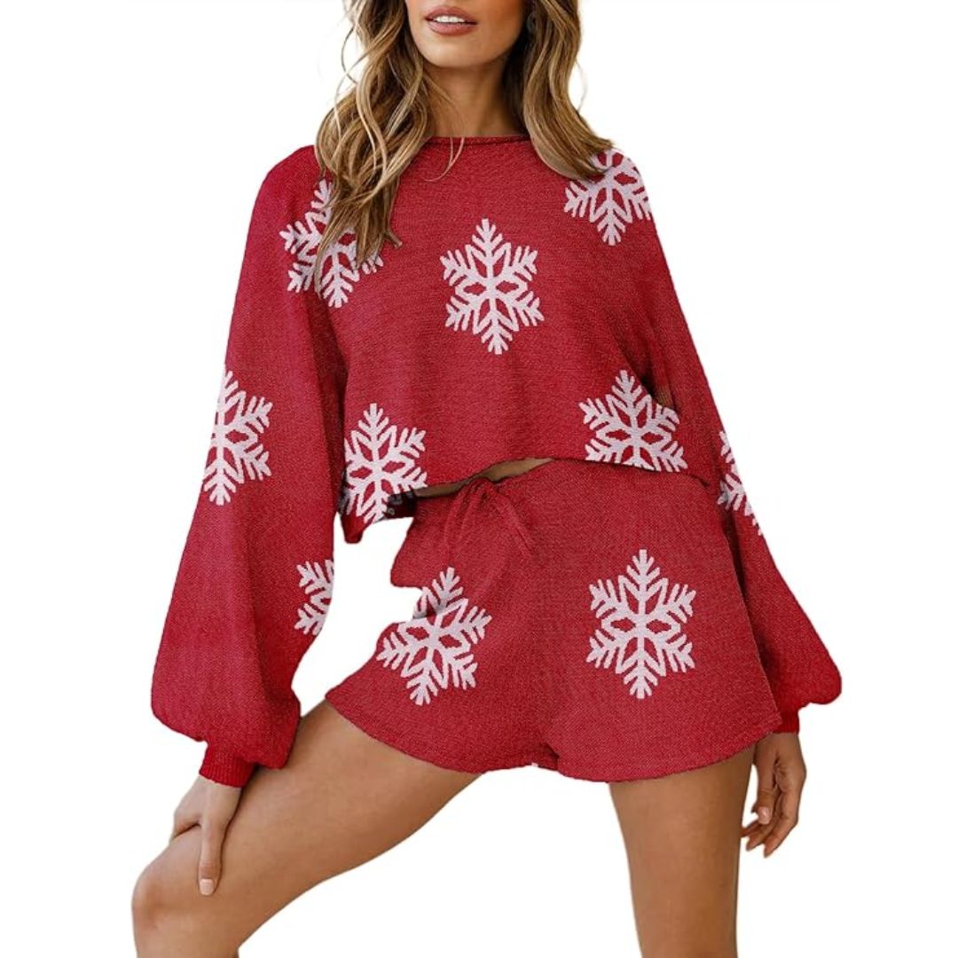 WinterWeef Kerst-Pyjama Set – Gebreid Lounge-Outfit met Sneeuwvlokpatroon