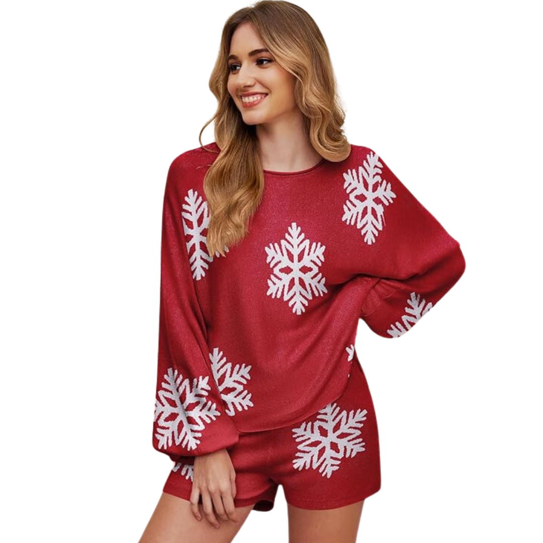 WinterWeef Kerst-Pyjama Set – Gebreid Lounge-Outfit met Sneeuwvlokpatroon