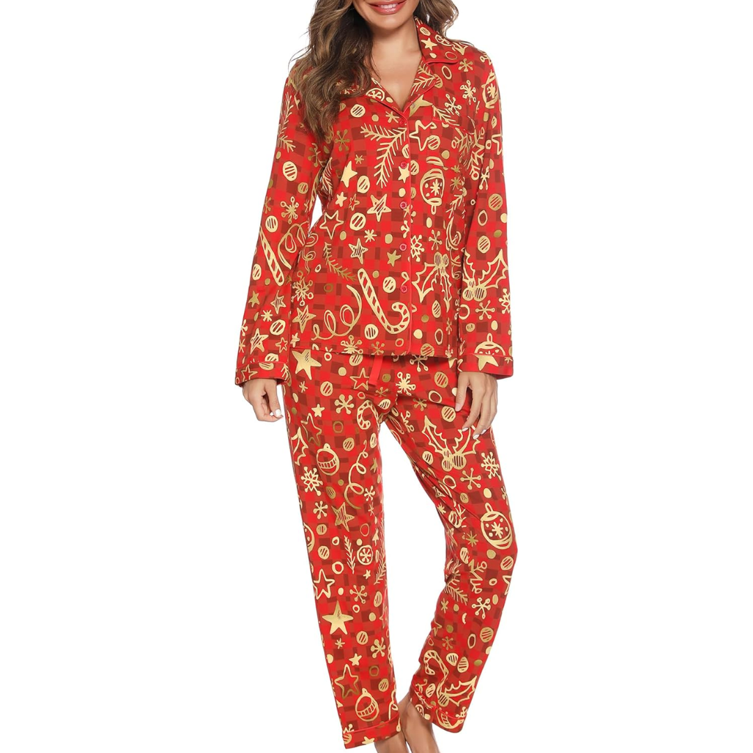 CozyCharm Kerst Pyjama Set – Zachte Dames Loungewear met Knopsluiting