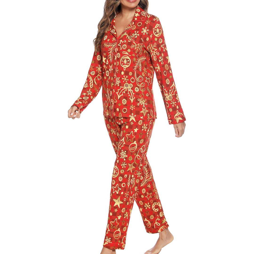 CozyCharm Kerst Pyjama Set – Zachte Dames Loungewear met Knopsluiting
