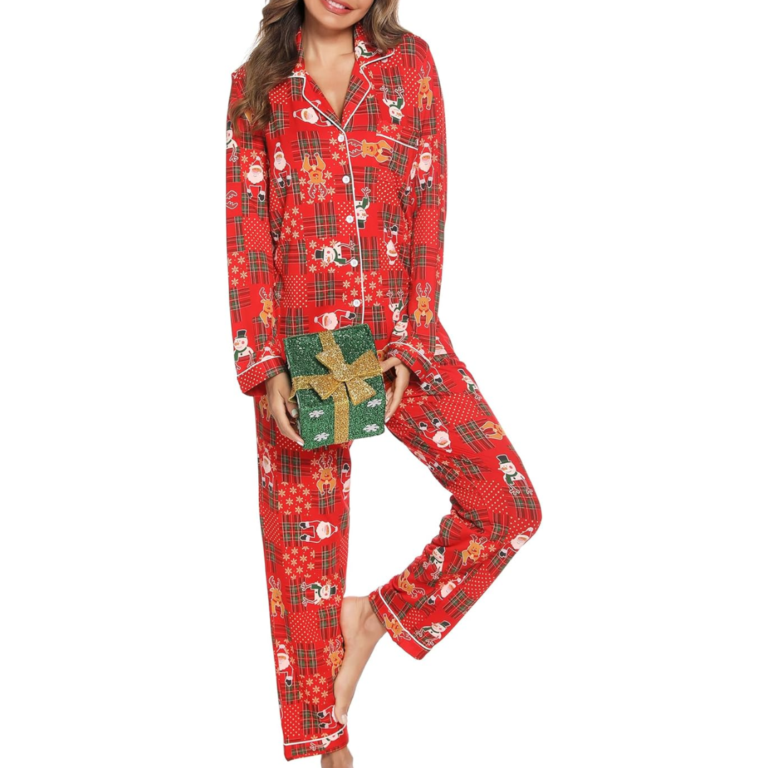 CozyCharm Kerst Pyjama Set – Zachte Dames Loungewear met Knopsluiting