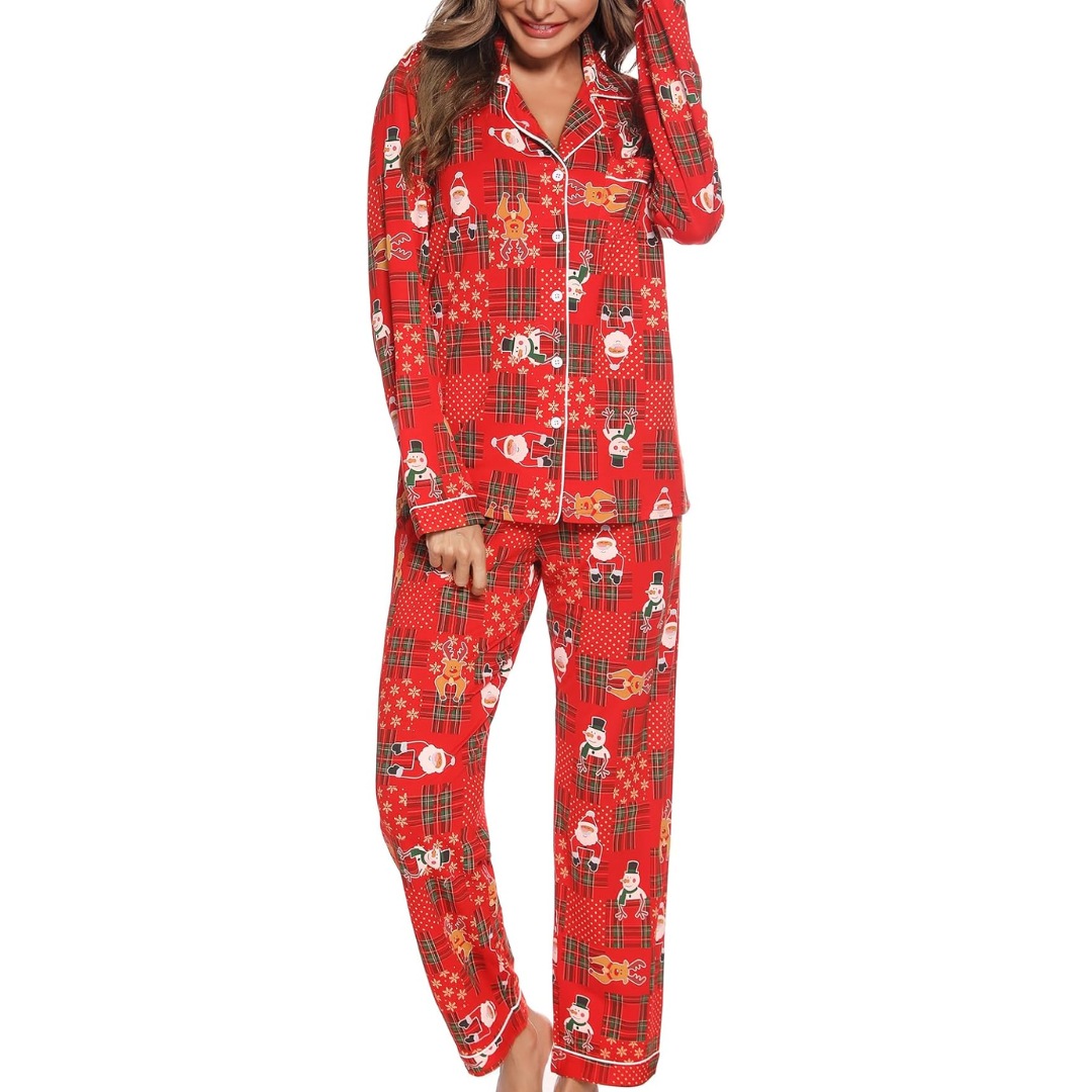 CozyCharm Kerst Pyjama Set – Zachte Dames Loungewear met Knopsluiting