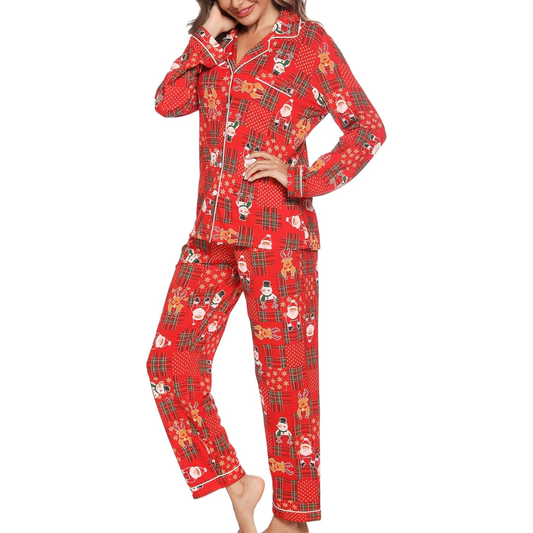 CozyCharm Kerst Pyjama Set – Zachte Dames Loungewear met Knopsluiting