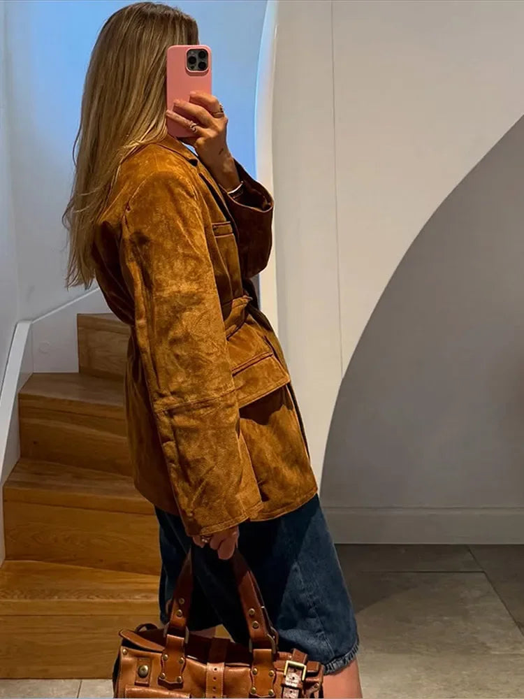 HerfstElegant Dames Suèdejas – Gecoat Model met Ceintuur en Zakken