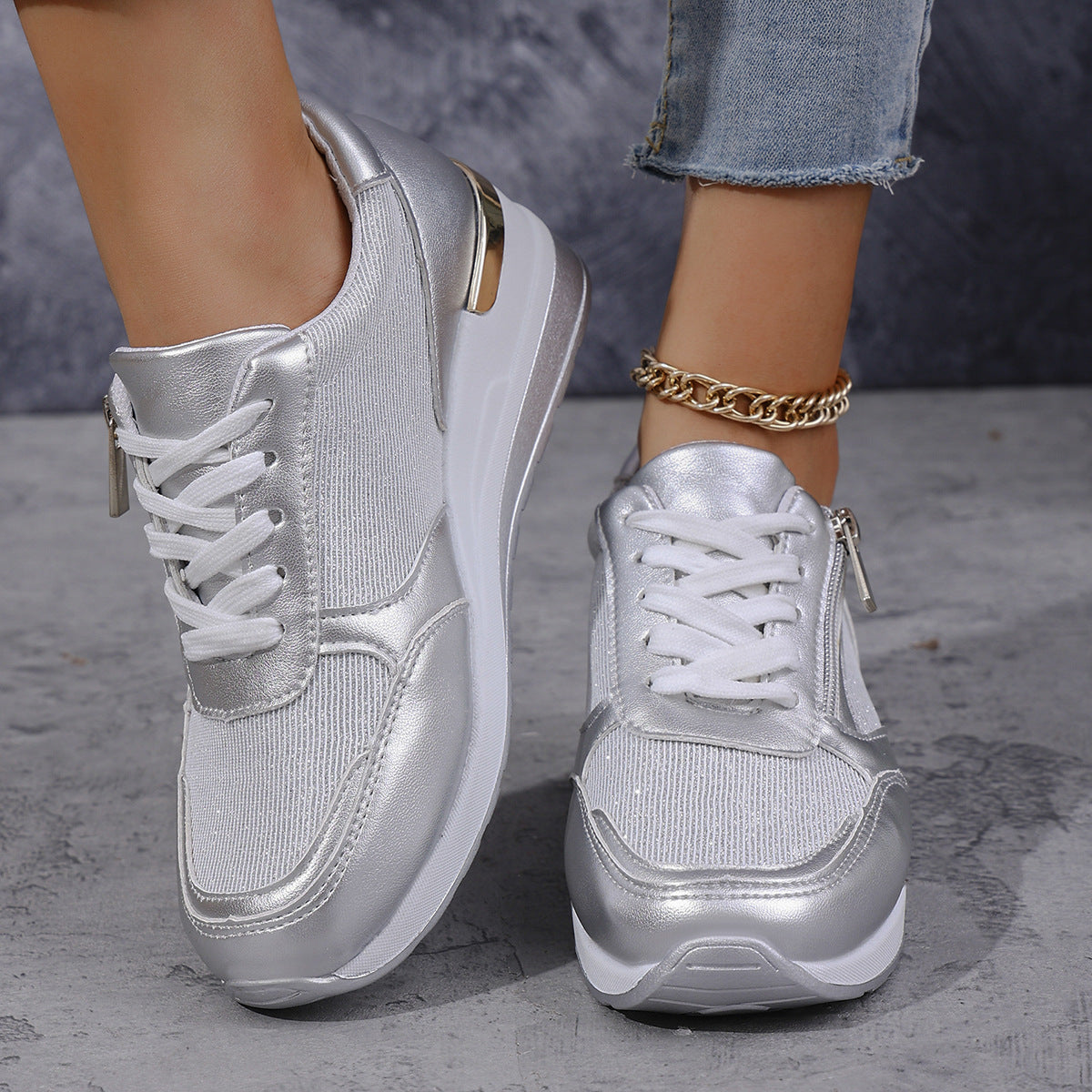 Metallische Sneakers met Verhoogde Zool - Zilver, Goud - Comfort & Stijl