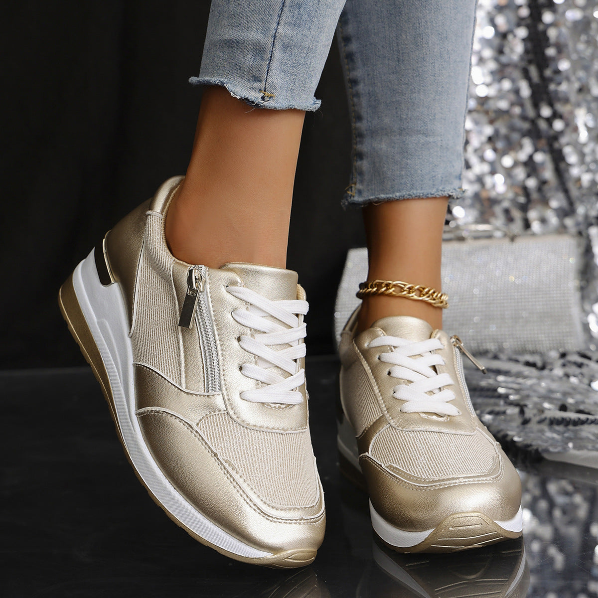 Metallische Sneakers met Verhoogde Zool - Zilver, Goud - Comfort & Stijl