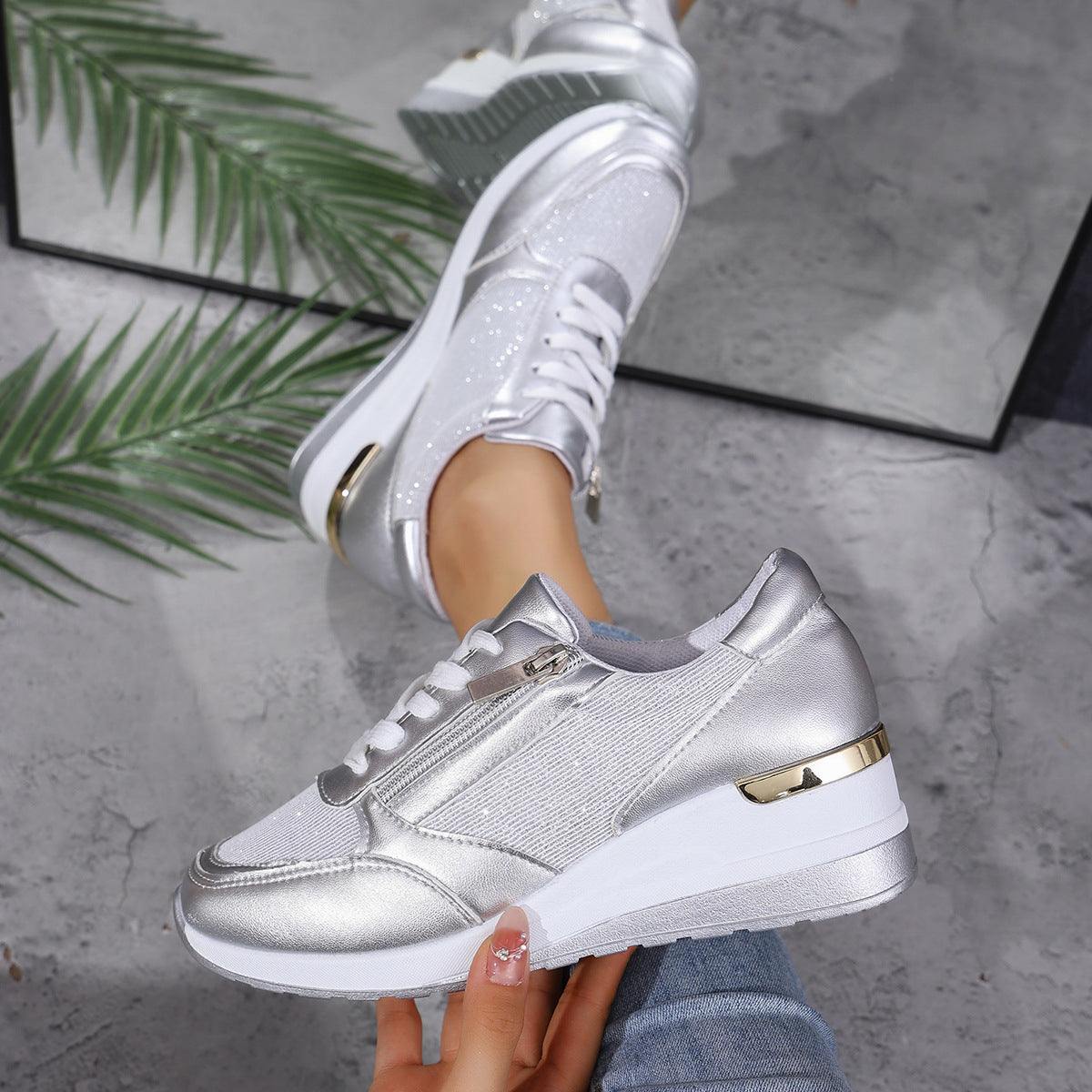 Metallische Sneakers met Verhoogde Zool - Zilver, Goud - Comfort & Stijl