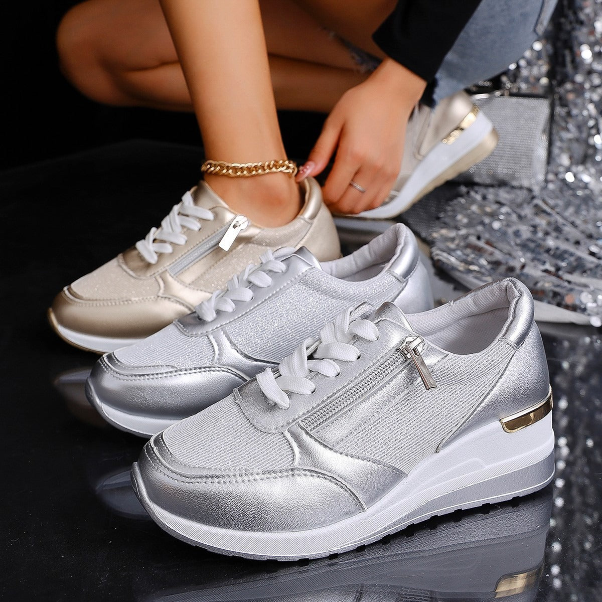 Metallische Sneakers met Verhoogde Zool - Zilver, Goud - Comfort & Stijl