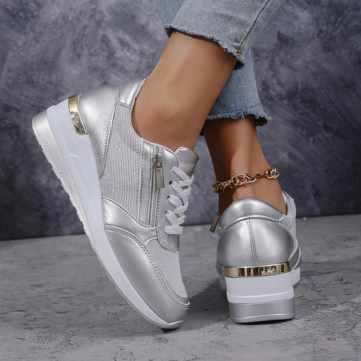 Metallische Sneakers met Verhoogde Zool - Zilver, Goud - Comfort & Stijl