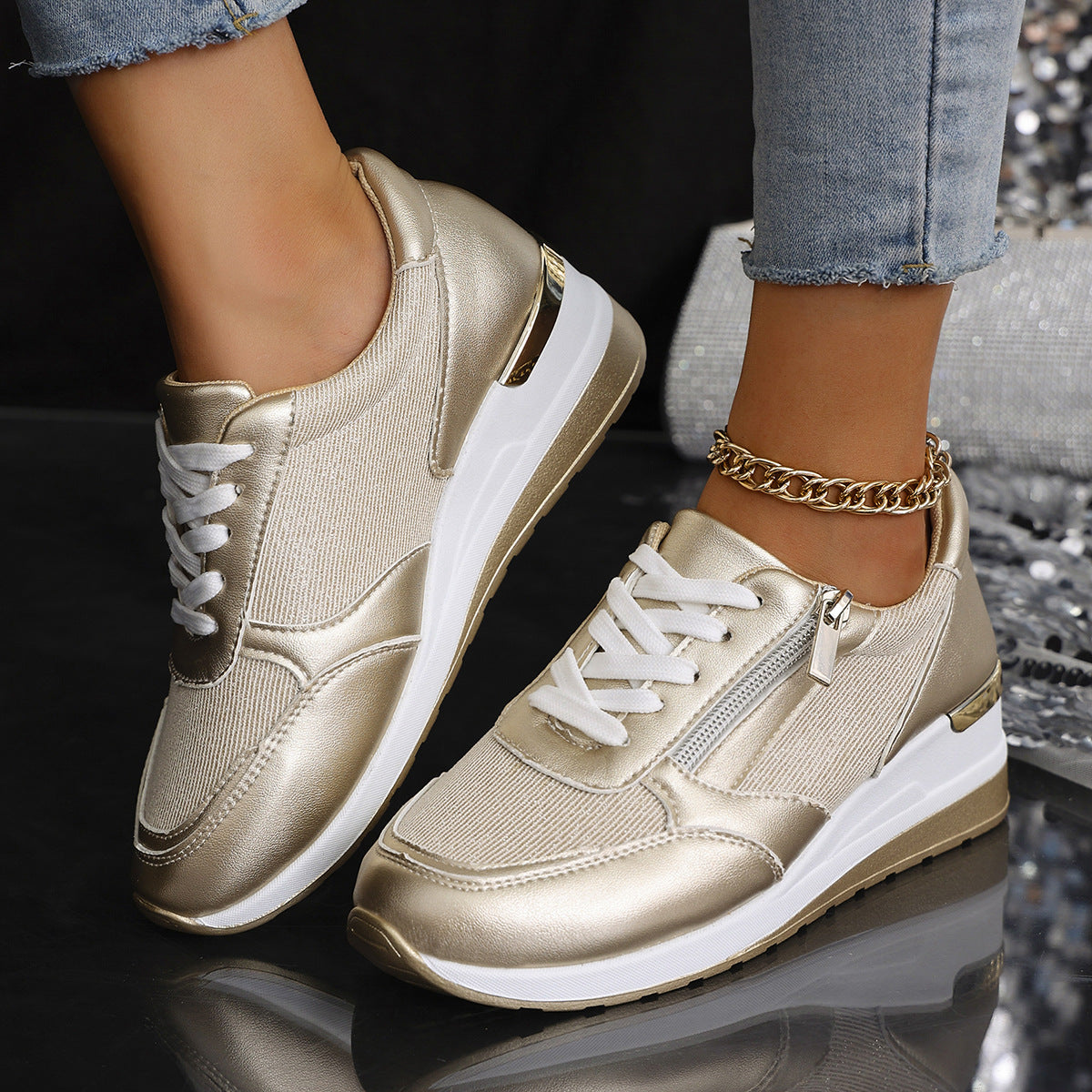 Metallische Sneakers met Verhoogde Zool - Zilver, Goud - Comfort & Stijl