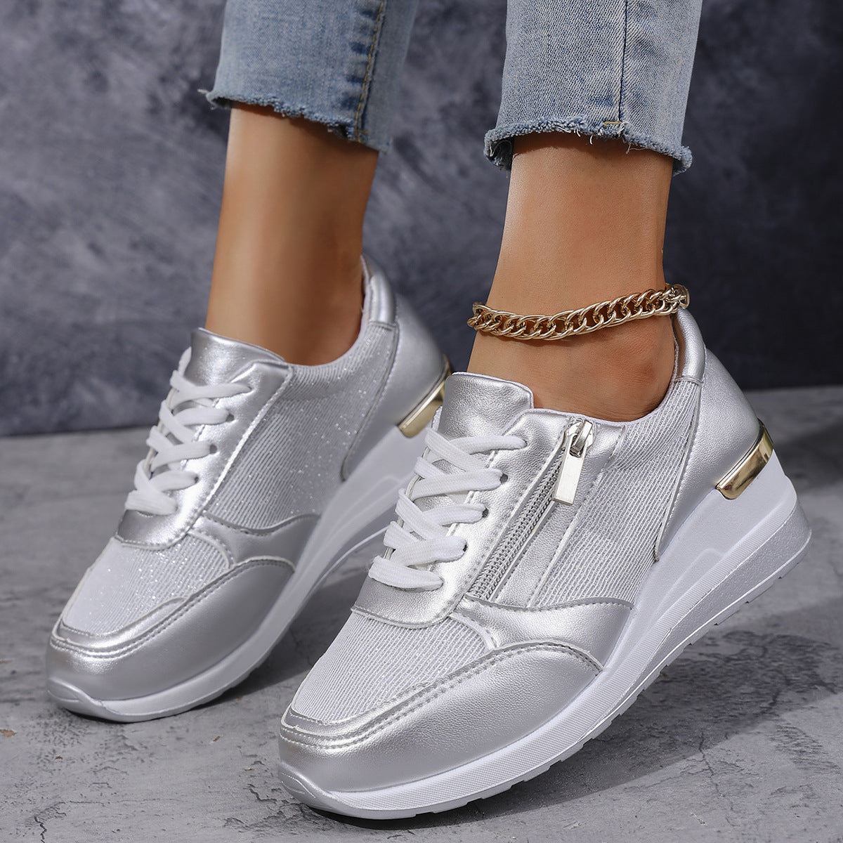 Metallische Sneakers met Verhoogde Zool - Zilver, Goud - Comfort & Stijl