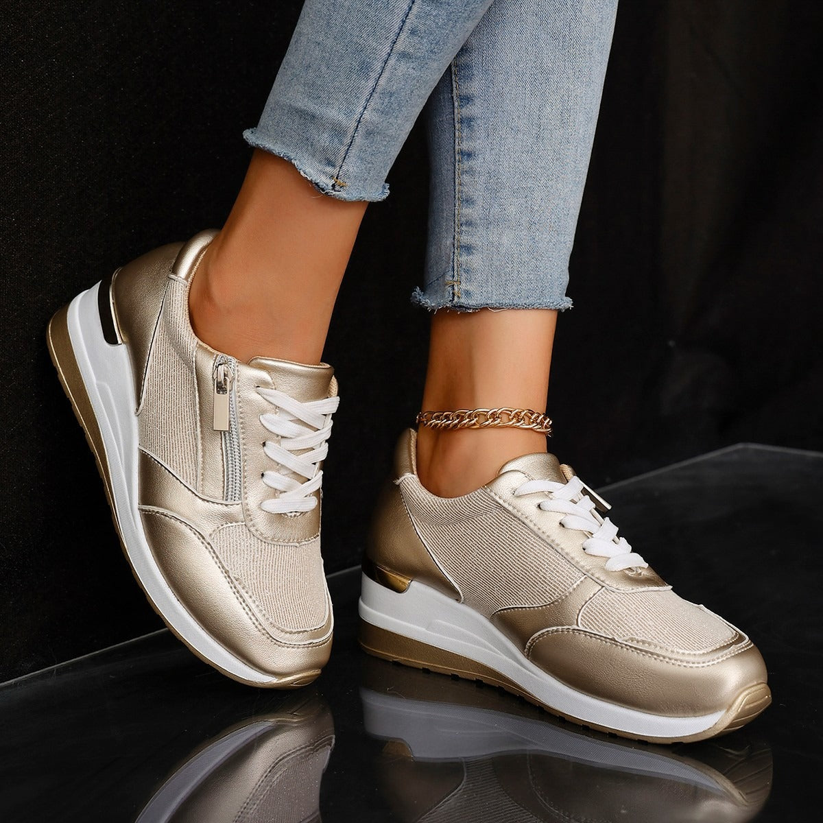 Metallische Sneakers met Verhoogde Zool - Zilver, Goud - Comfort & Stijl