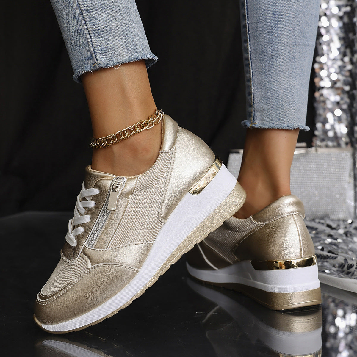 Metallische Sneakers met Verhoogde Zool - Zilver, Goud - Comfort & Stijl