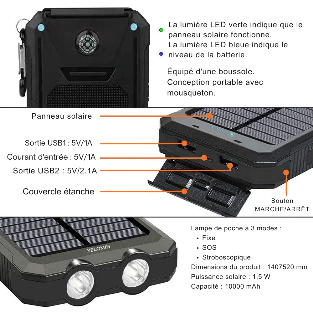 Waterdichte Schokbestendige Zonnebatterij 10.000 mAh | Zonne-oplaadbaar