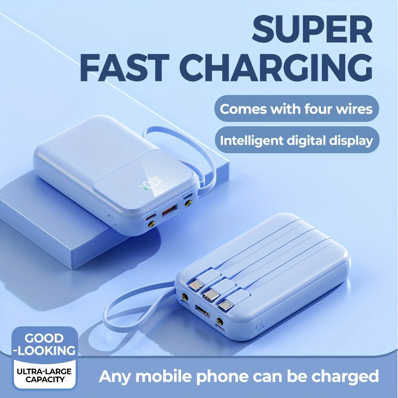 10000mAh Draagbare Powerbank met Snelladen en Ingebouwde Kabels – Compacte Telefoonoplader met LED-display