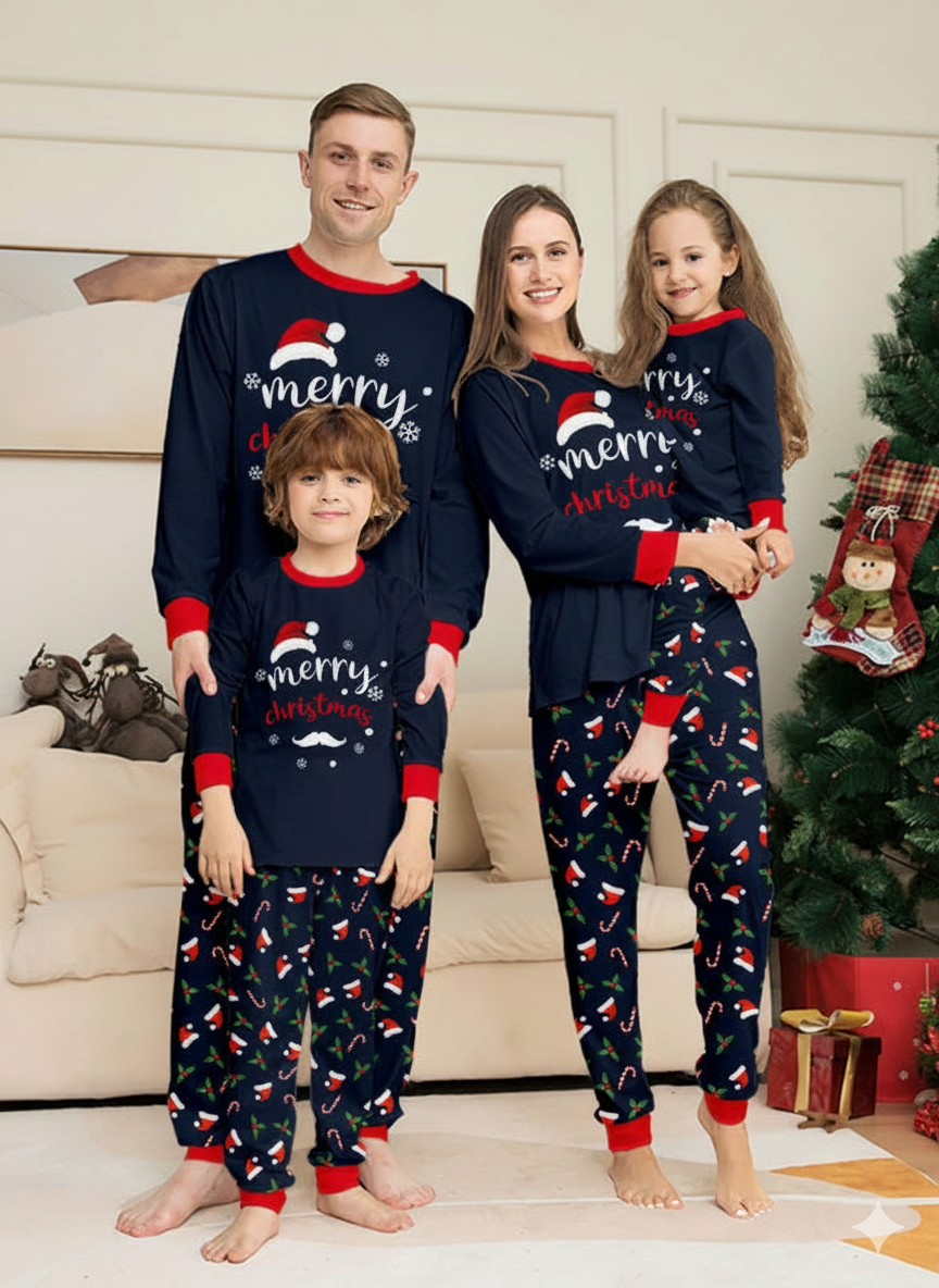 Blauwe Feestelijke Bijpassende Familie Kerst Pyjama's | Volwassenen, Kinderen & Hond Pyjama's