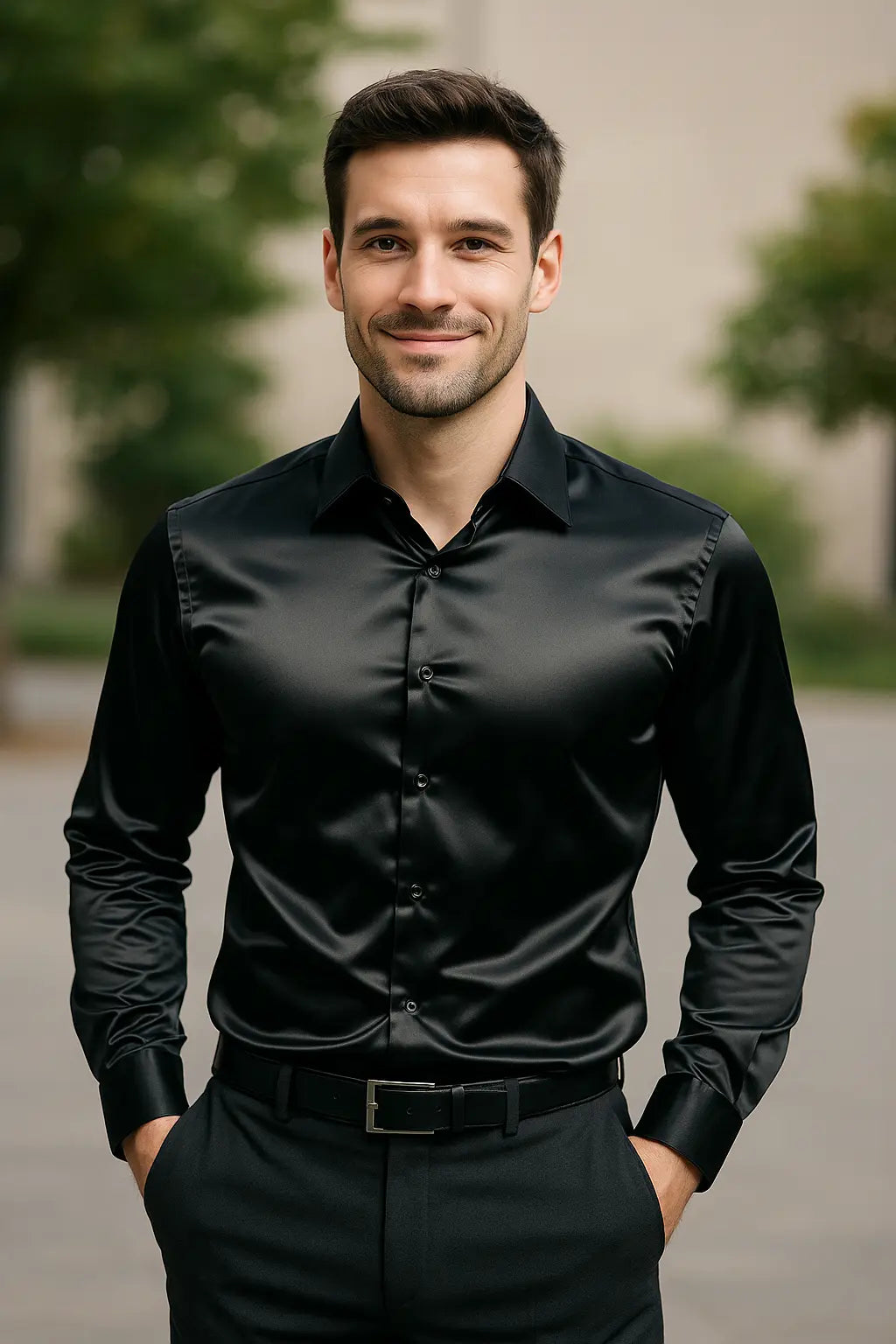 Herenoverhemd SatinElegance – Luxe Satin Slim Fit Blouse met Lange Mouwen