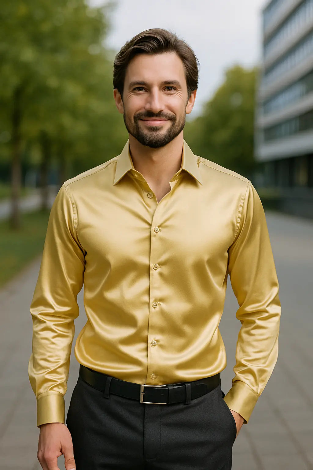 Herenoverhemd SatinElegance – Luxe Satin Slim Fit Blouse met Lange Mouwen