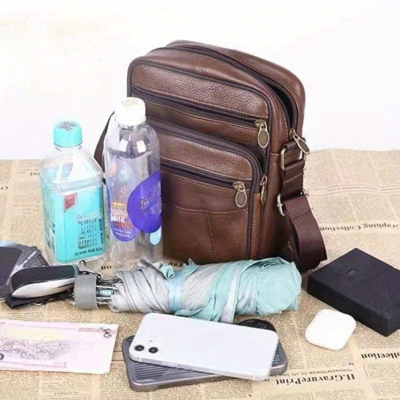 Leder Heren Schoudertas – Ruime Rundlederen Tas met Verstelbare Band