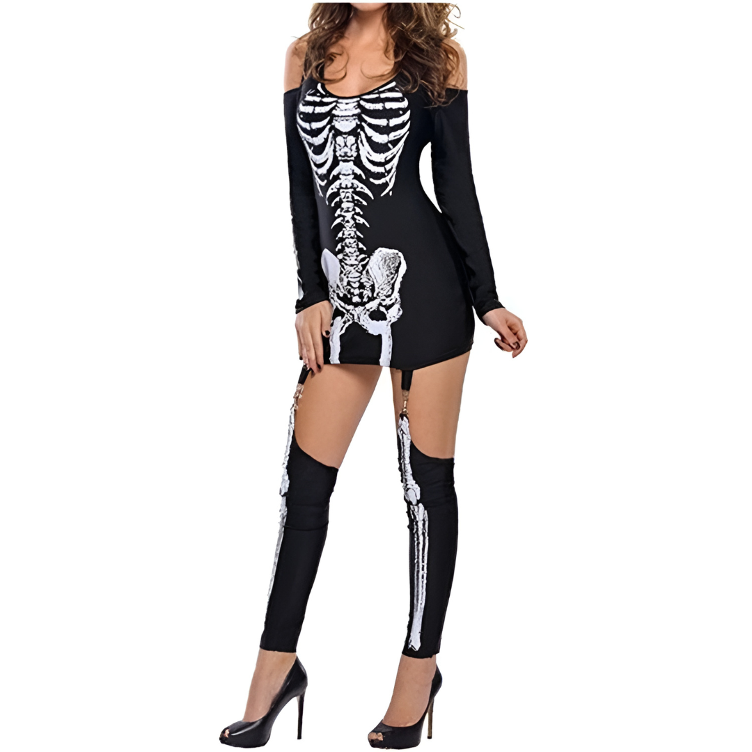 Dames Halloween Kostuum | Skelet Print Mini