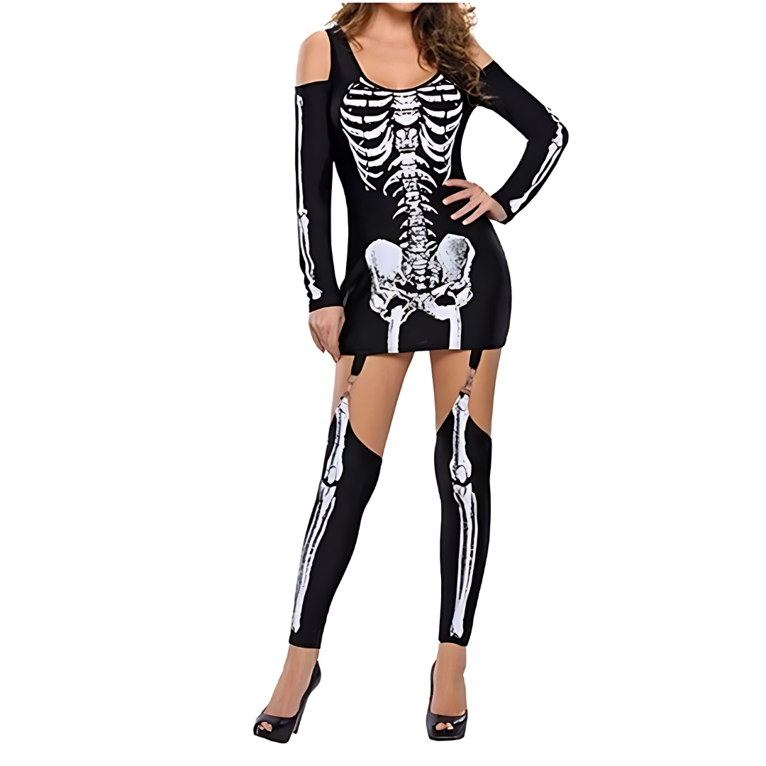 Dames Halloween Kostuum | Skelet Print Mini