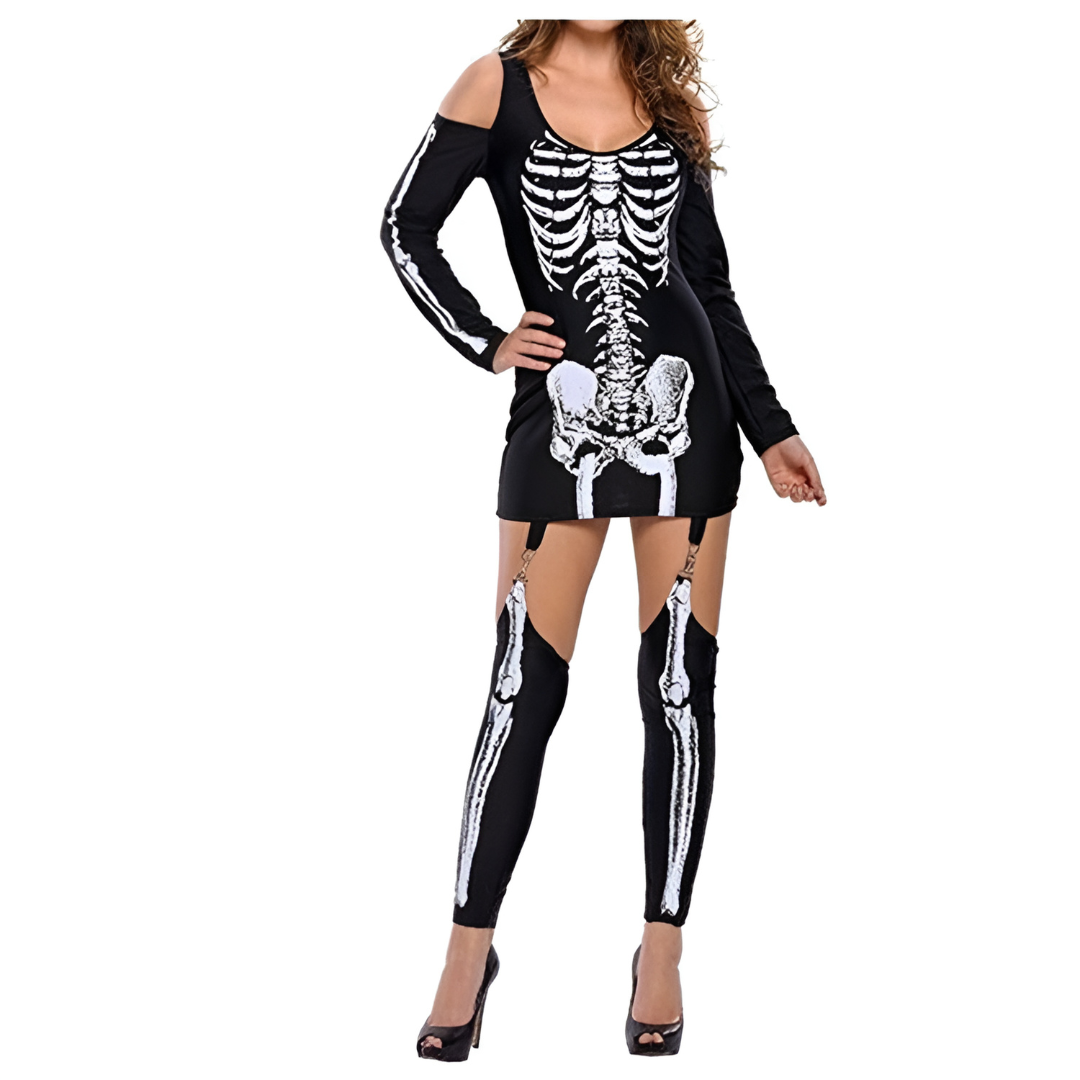 Dames Halloween Kostuum | Skelet Print Mini
