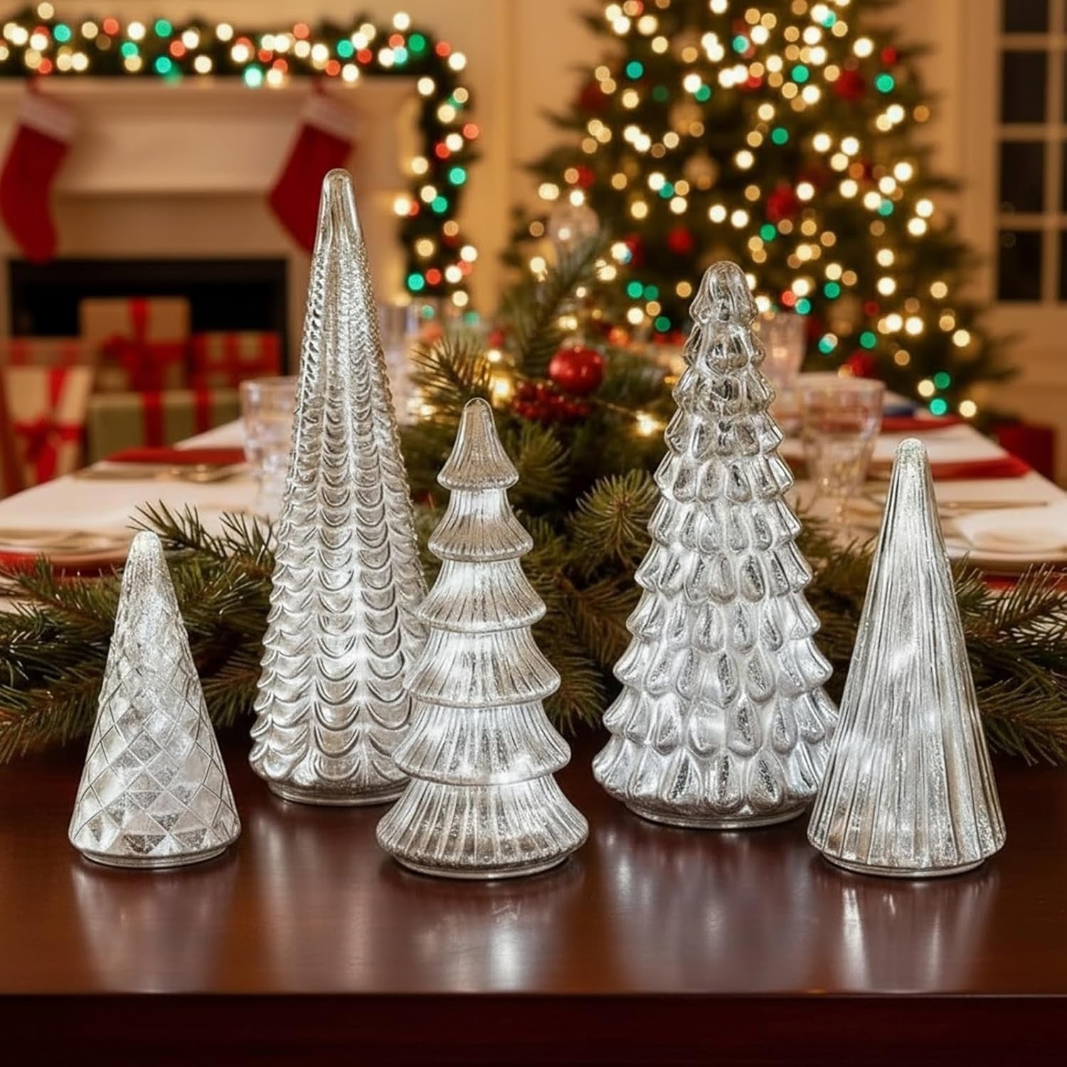 GlansPine LED Dennenset – 5-delig Zilveren Kerstdecoratie met Warm Licht