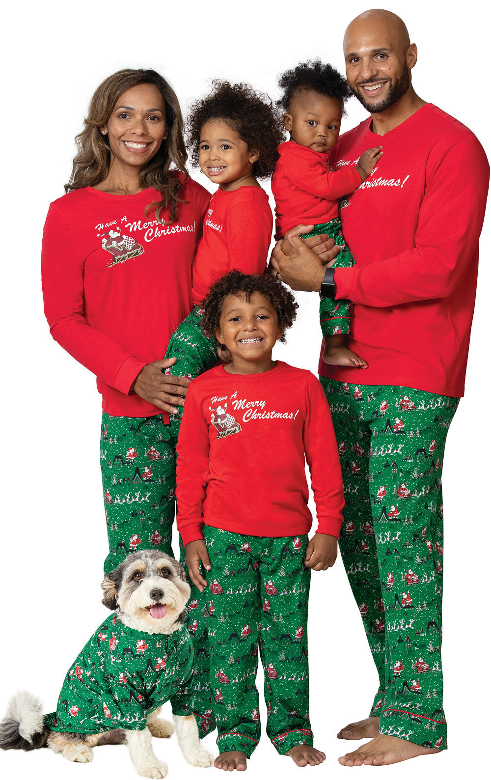 Rode en Groene Sneeuwpop Print Bijpassende Familie Kerst Pyjama's - Honden Pyjama's Inbegrepen