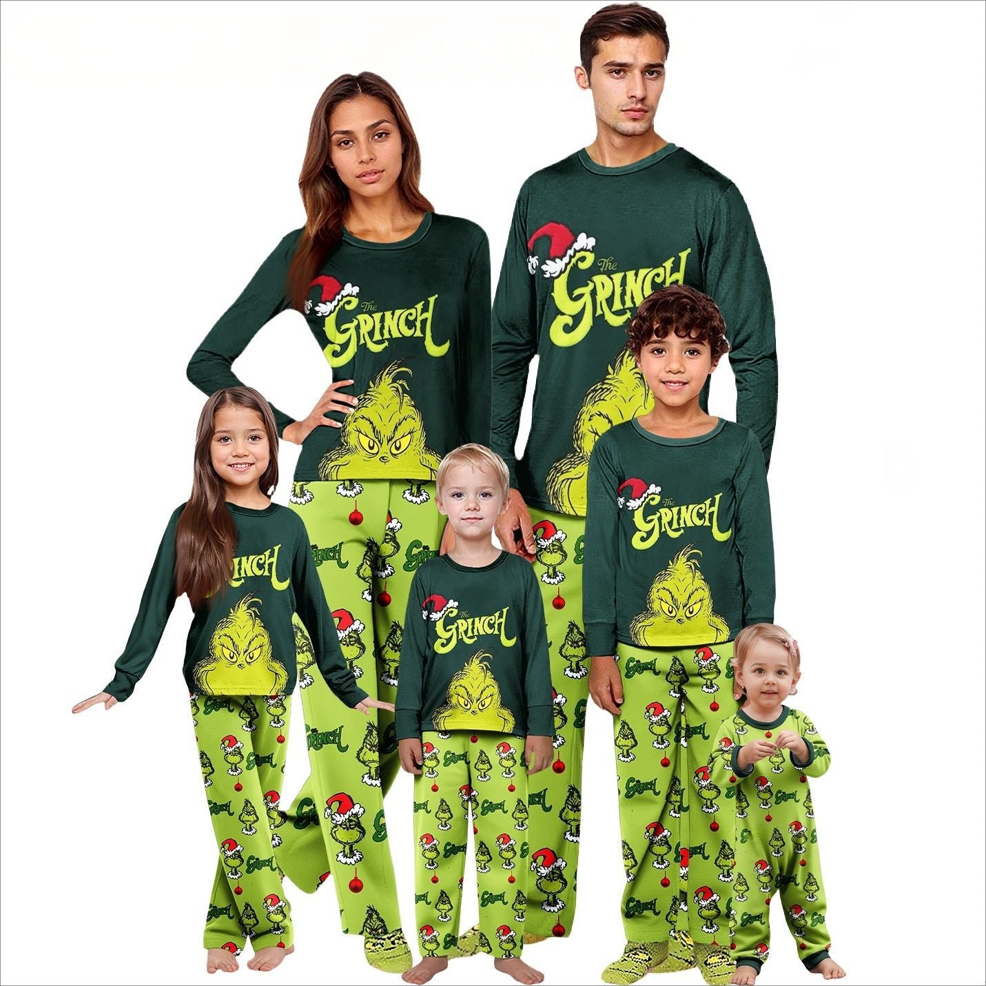 Schattige Groene Grinch Bijpassende Familie Kerst Pyjama's