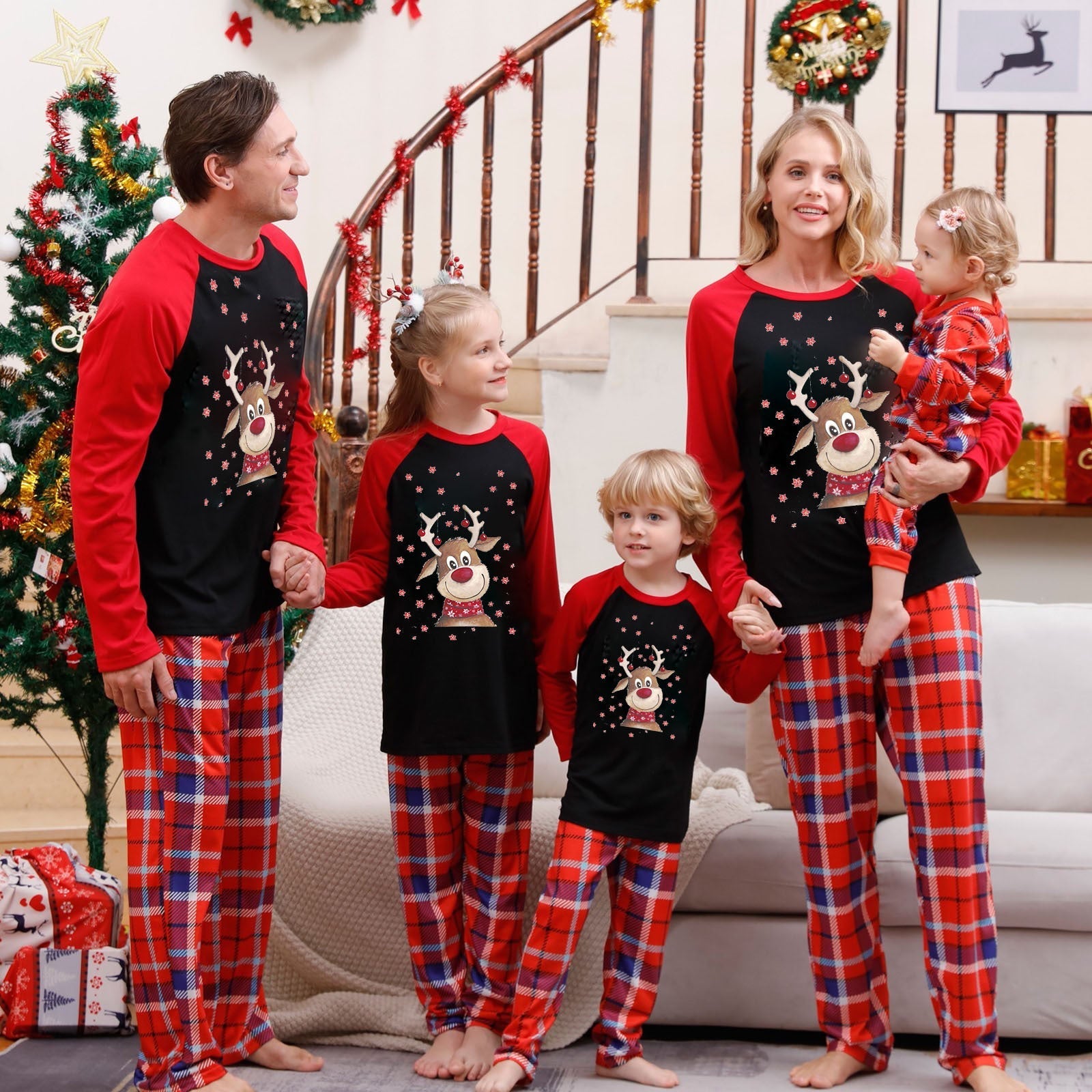 Hert Kerst Plaid Patroon Familie Bijpassende Pyjama Sets (met huisdier hondenkleding)