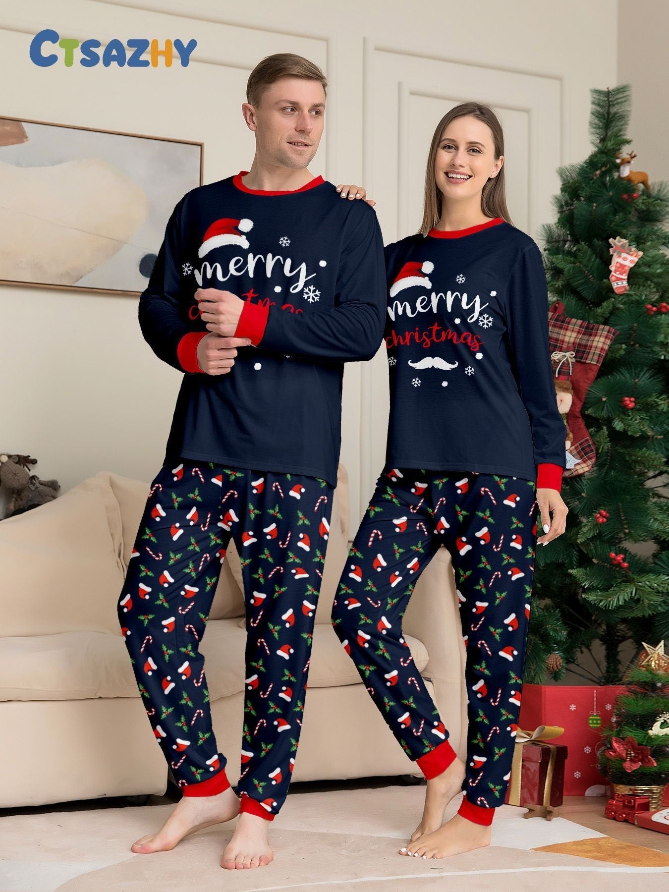 Blauwe Feestelijke Bijpassende Familie Kerst Pyjama's | Volwassenen, Kinderen & Hond Pyjama's