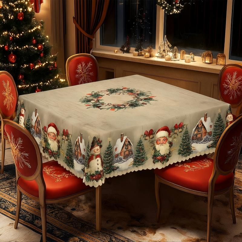 Kersttafelkleed met rendieren en sneeuwmannen – Duurzame polyester tafelkleden model PineGlow